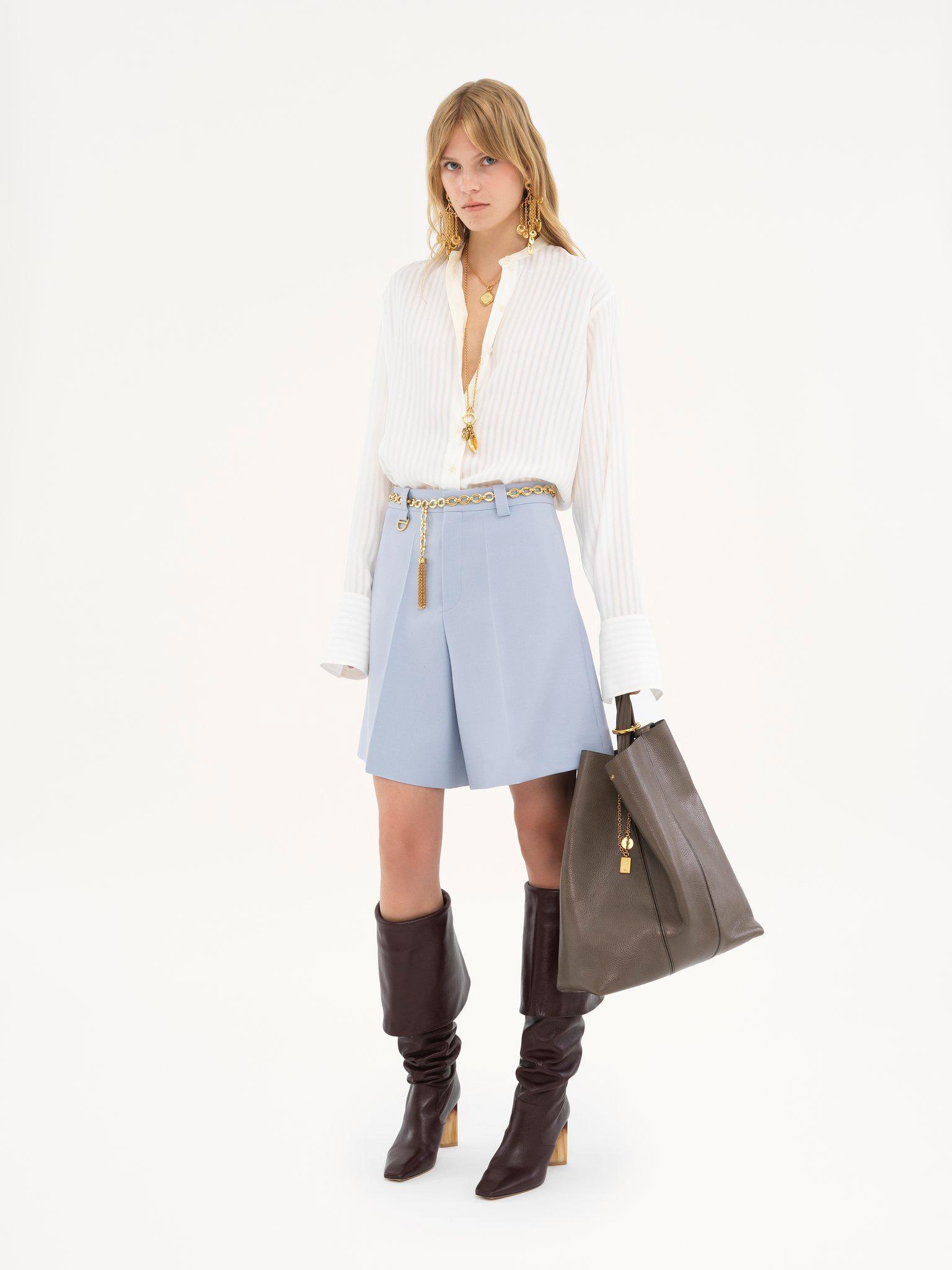 Collarless shirt in striped viscose Product Image