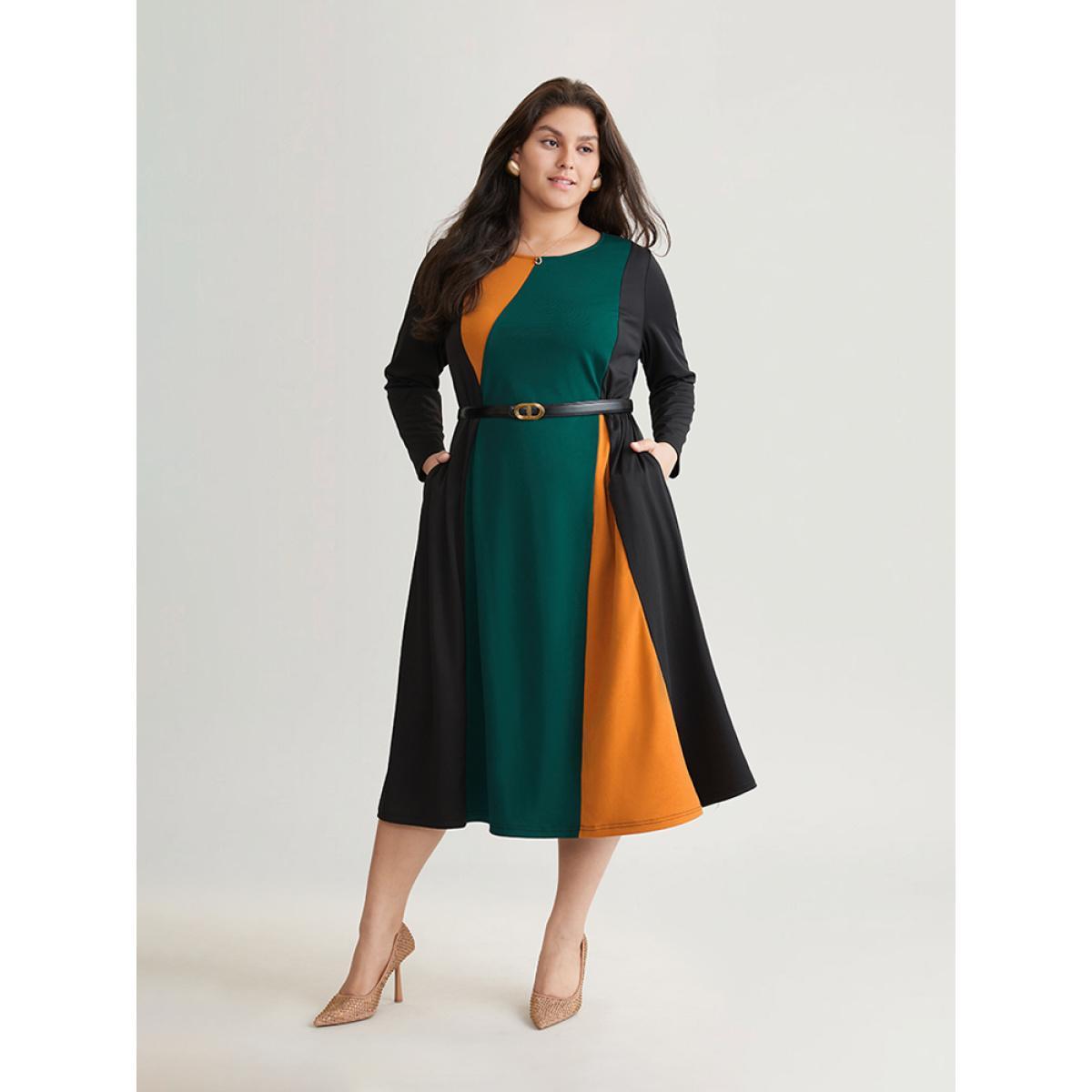 Plus Size Contrast Colorblock Pocket Long Sleeve Dress Green Women At the Office Belted Round Neck Long Sleeve Curvy Midi Dress BloomChic 26/4X Product Image