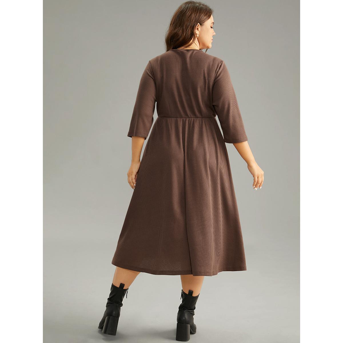 Plus Size Waffle Knit Contrast V Neck Button Detail Dress DarkBrown Women Work From Home Plain V-neck Elbow-length sleeve Curvy Midi Dress BloomChic 14-16/1X Product Image