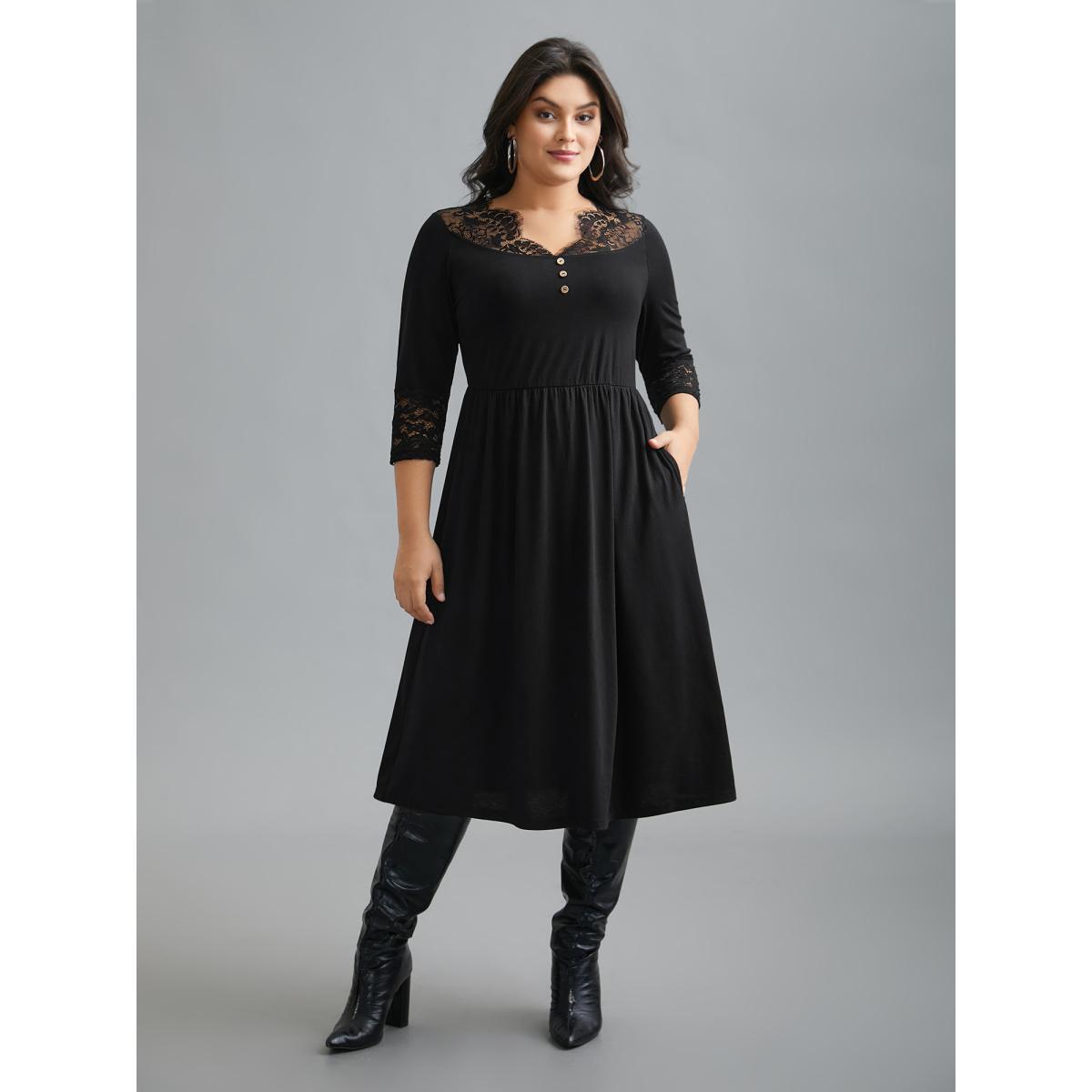 Plus Size Lace Trim Stitch Button Detail Dress Black Women Elegant Woven ribbon&lace trim Knit Dresses Bloomchic 26/4X Product Image