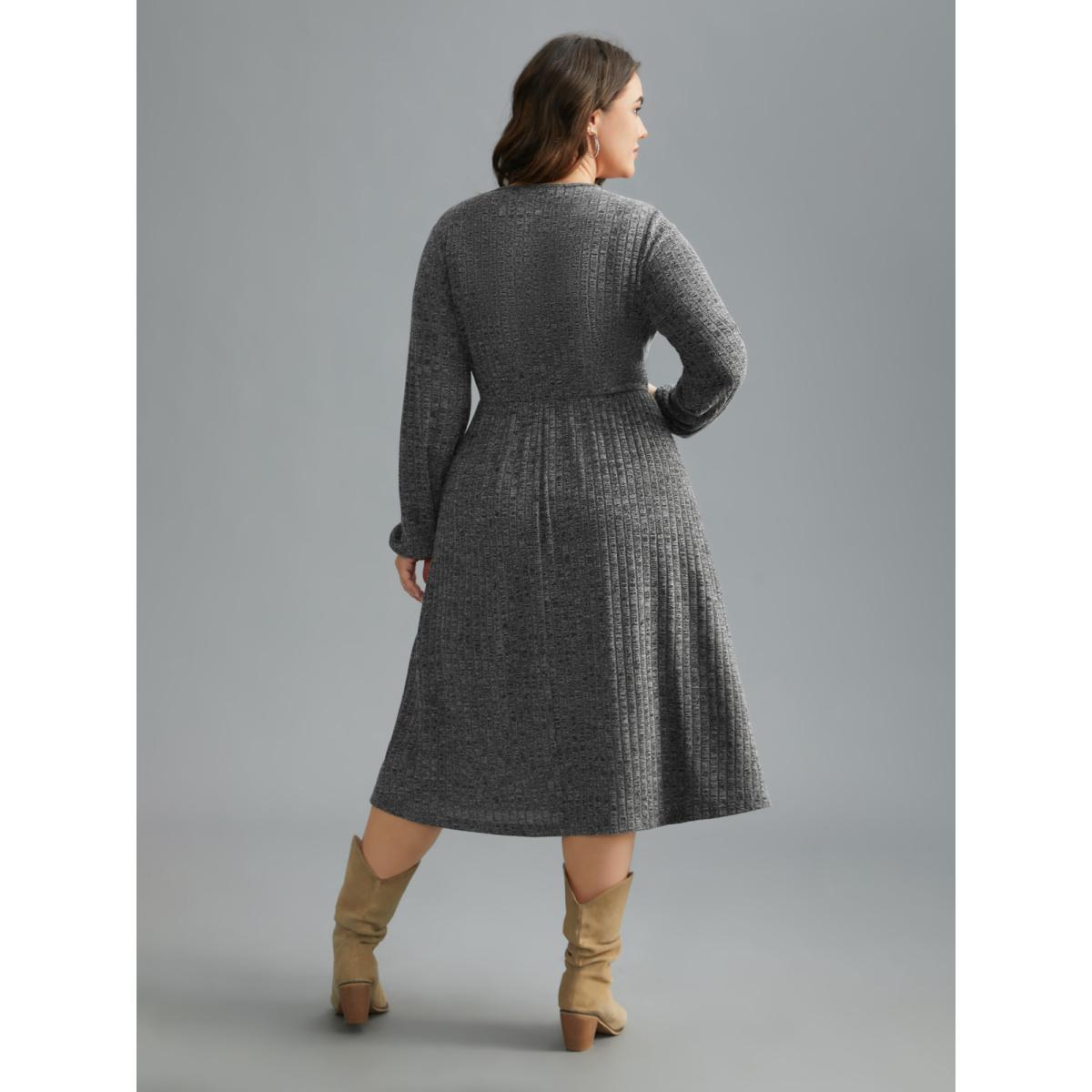 Plus Size Pit Strip Overlap Collar Midi Dress DarkGray Women Casual Texture Knit Dresses Bloomchic 26/4X Product Image