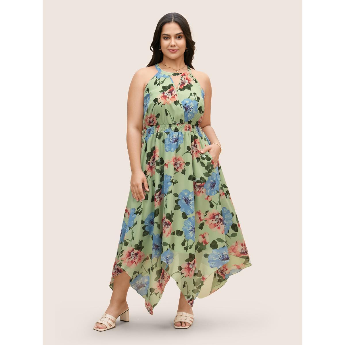 Plus Size Floral Shirred Asymmetrical Hem Sleeveless Dress Palemauve Women Elegant Asymmetrical Round Neck Sleeveless Curvy BloomChic 30/6X Product Image