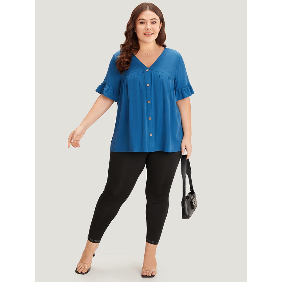 Plus Size Aegean Solid Flutter Trim Pleated Button Detail Blouse Women Office Short sleeve V-neck Work Blouses BloomChic 12/L Product Image