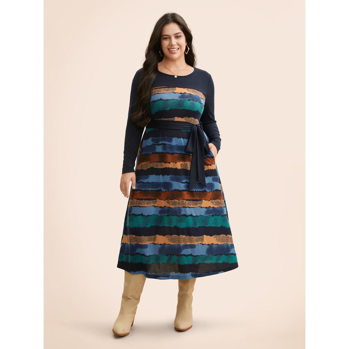 Plus Size Contrast Striped Round Neck Midi Dress Indigo Women Casual Belted Knit Dresses Bloomchic 18-20/2X Product Image