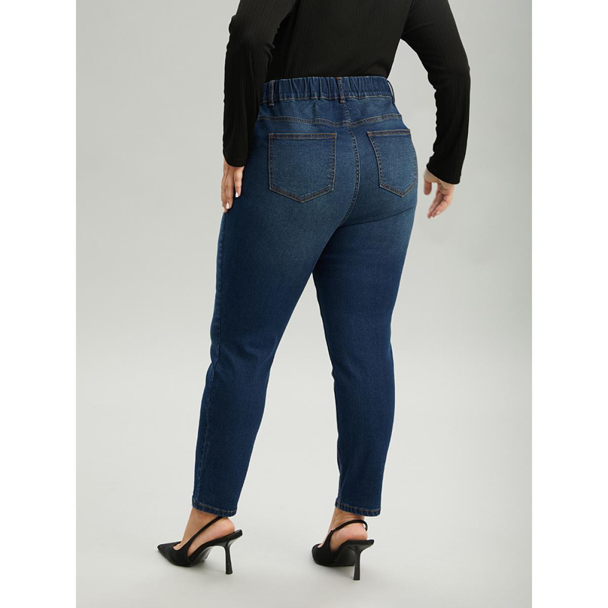 Plus Size Dark Wash Skinny Elastic Waist Jeans Women Blue Casual Plain Plain High stretch Pocket Jeans BloomChic 18/2X Product Image