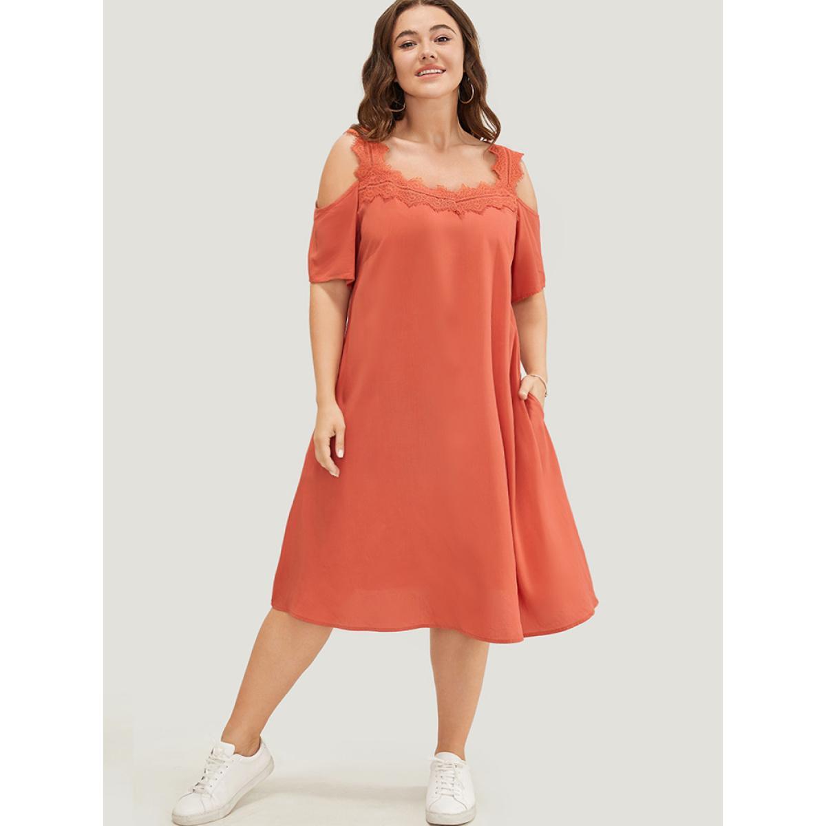 Plus Size Solid Contrast Lace Pocket Cold Shoulder Midi Dress Coral Women Casual Lace Cold Shoulder Short sleeve Curvy Midi Dress BloomChic 18-20/2X Product Image