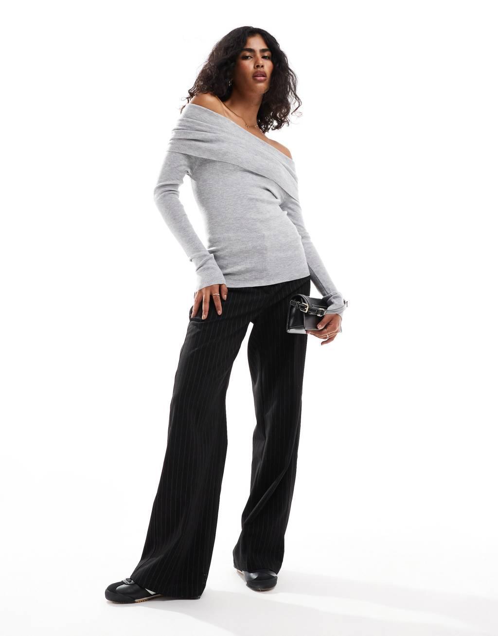 Bershka bardot knitted sweater in gray Product Image