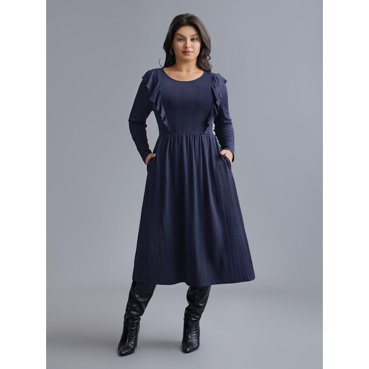 Plus Size Plain Crew Neck Ruffle Trim Plisse Dress Midnight Women Casual Texture Knit Dresses Bloomchic 22-24/3X Product Image