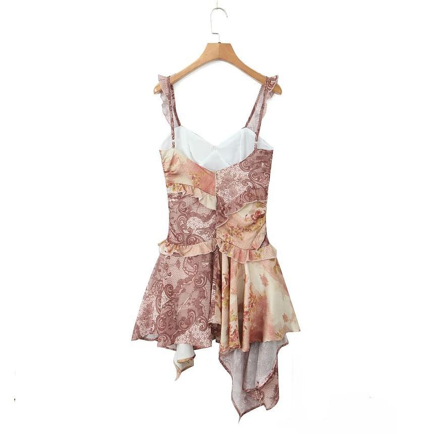 Sleeveless V-Neck Print Asymmetrical Mini A-Line Dress Product Image