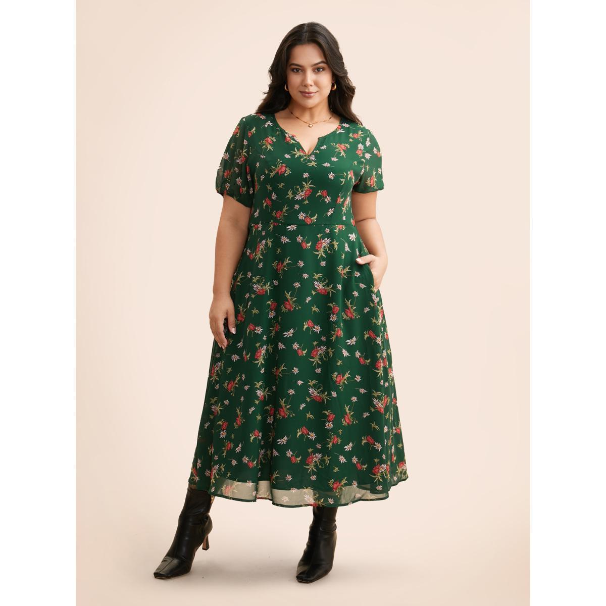 Plus Size Floral Notched Chiffon Mesh Midi Dress DarkGreen Women Elegant See through Notched collar Short sleeve Curvy BloomChic 10/M Product Image