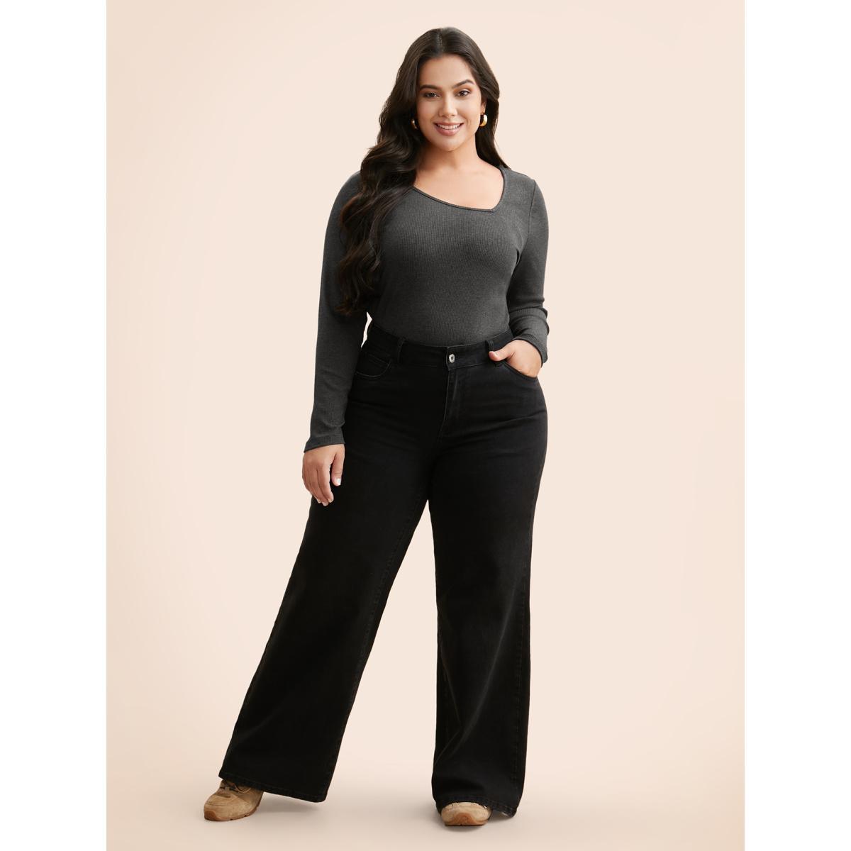 Plus Size Airy Cozy Asymmetrical Neckline T-shirt DimGray Women Casual Texture Asymmetrical Neck Bodycon Everyday T-shirts BloomChic 14-16/1X Product Image
