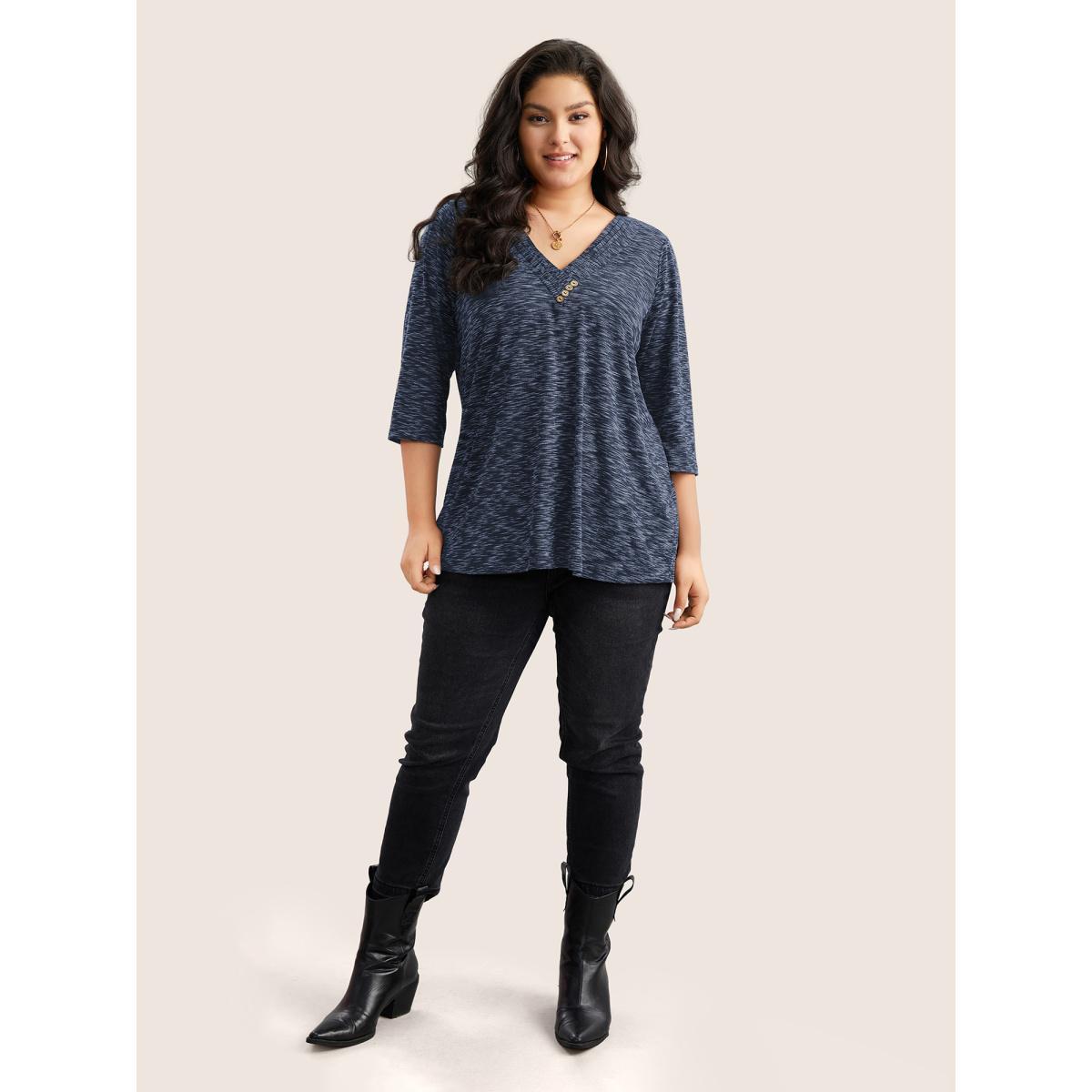 Plus Size Heather Pleated Button Detail T-shirt Blue Women Casual Pleated Plain V-neck Everyday T-shirts BloomChic 22-24/3X Product Image