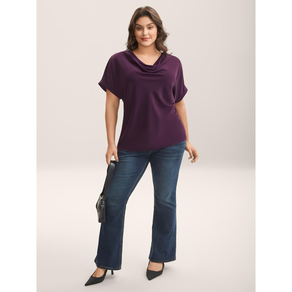 Plus Size Plum Cowl Neck Plain Dolman Sleeve Blouse Women Short sleeve Cowl Neck Work Blouses BloomChic 10/M Product Image