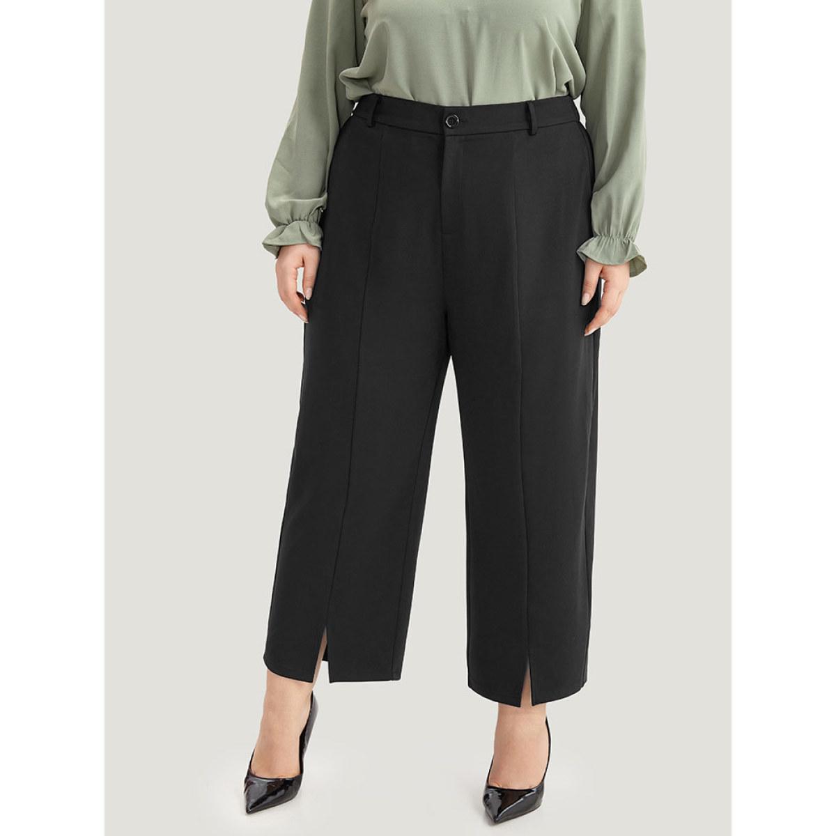 Plus Size Plain Split Front Pleated Pants Women Black At the Office Straight Leg High Rise Work Pants BloomChic 18-20/2X Product Image