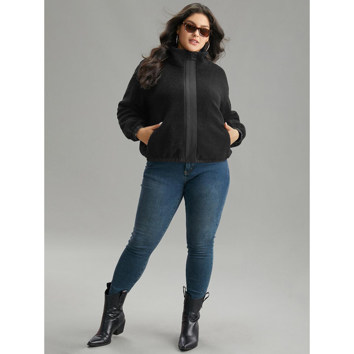 Plus Size Solid Patchwork Button Up Pocket Zipper Jacket Women Black Zipper Pocket Dailywear Jackets BloomChic 26/4X Product Image
