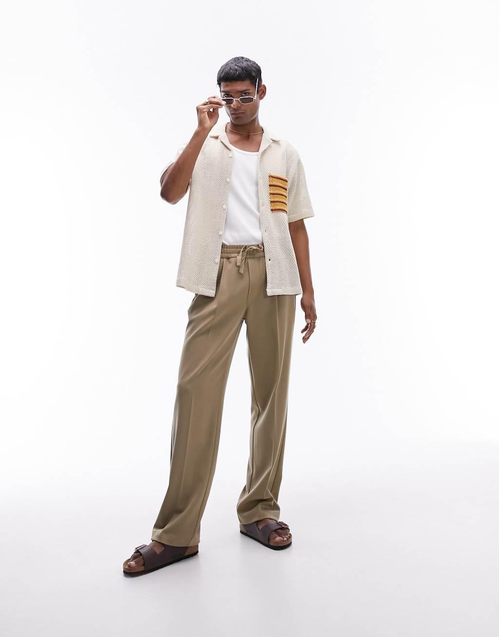 Topman short sleeve crochet pocket shirt in stone  Product Image