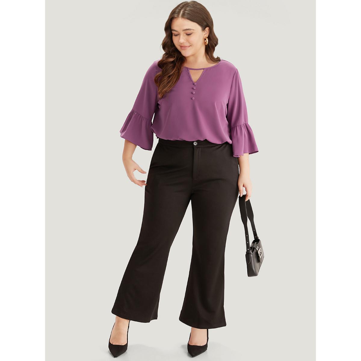 Plus Size Mauve Plain Keyhole Bell Sleeve Button Detail Blouse Women Office Elbow-length sleeve V-neck Work Blouses BloomChic 14-16/1X Product Image