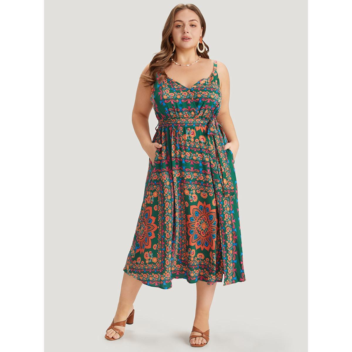 Plus Size Boho Print Belted Split Hem Pocket Cami Dress DarkGreen Women Vacation Gathered V-neck Sleeveless Curvy Midi Dress BloomChic 18-20/2X Product Image