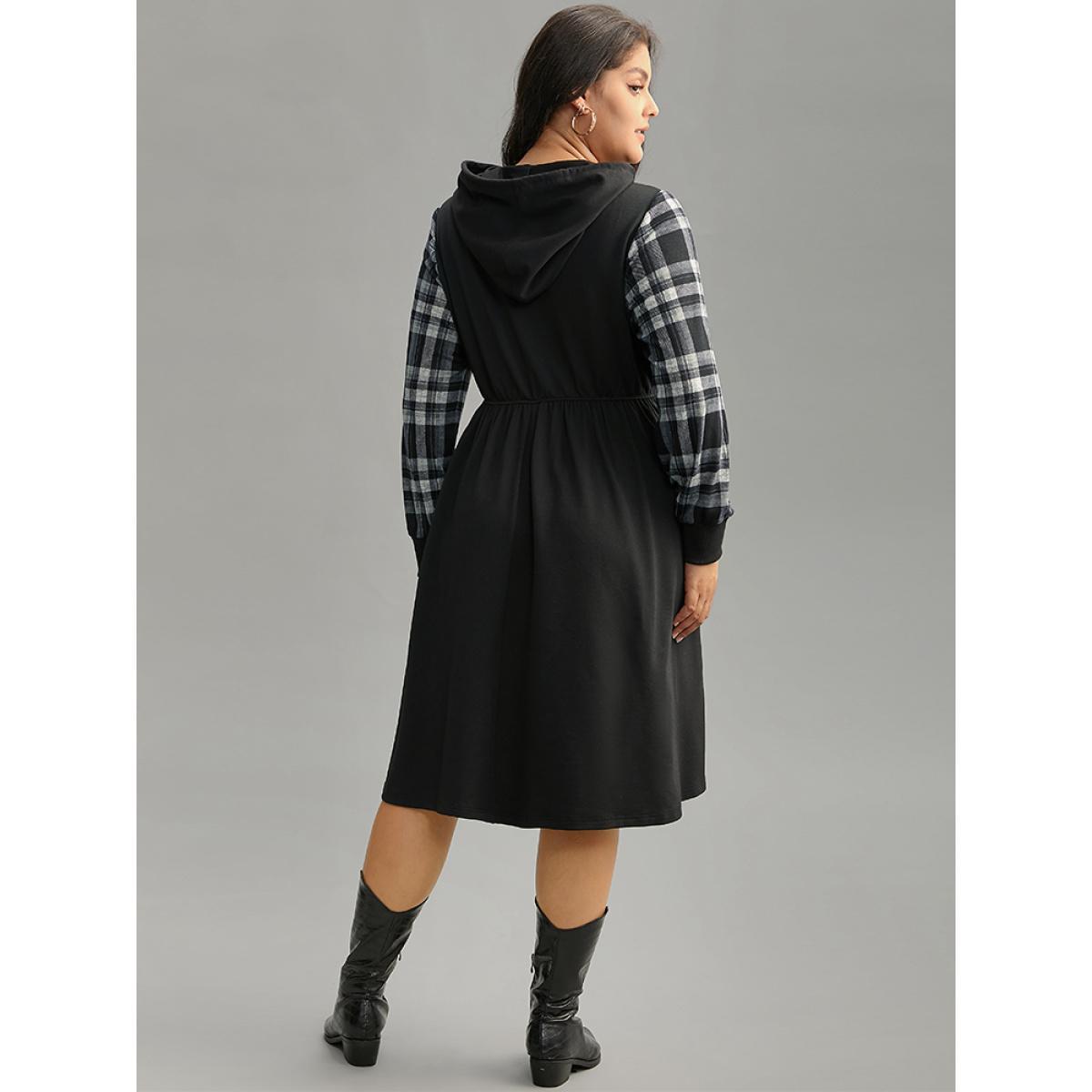 Plus Size Plaid Patchwork Drawstring Pocket Hooded Dress Black Women Casual Printed Hooded Long Sleeve Curvy Midi Dress BloomChic 14-16/1X Product Image