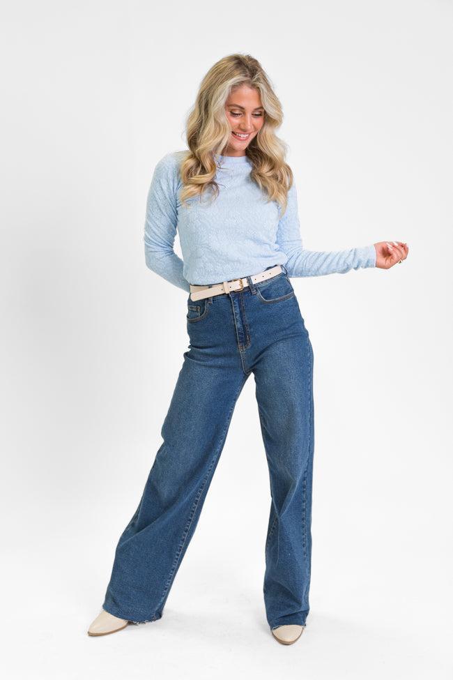 High Ambitions Blue Floral Textured Knit Fitted Top FINAL SALE Product Image