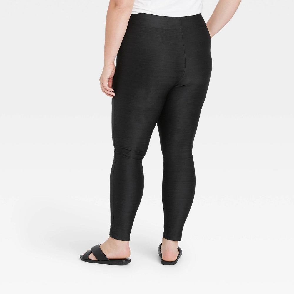 Womens Plus Size High Waisted Drawstring Lounge Leggings with Pockets - A New Day Black 1X: Relaxed Ankle-Length Terry Pants Product Image