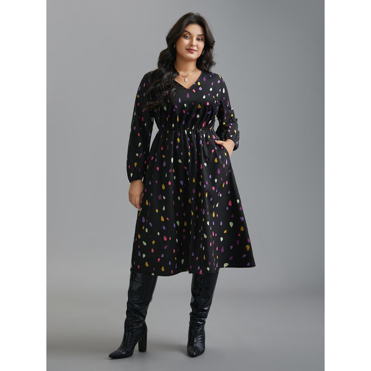 Plus Size V Neck Color Contrast Lantern Sleeve Dress Black Women Elegant Contrast V-neck Long Sleeve Curvy BloomChic 30/6X Product Image