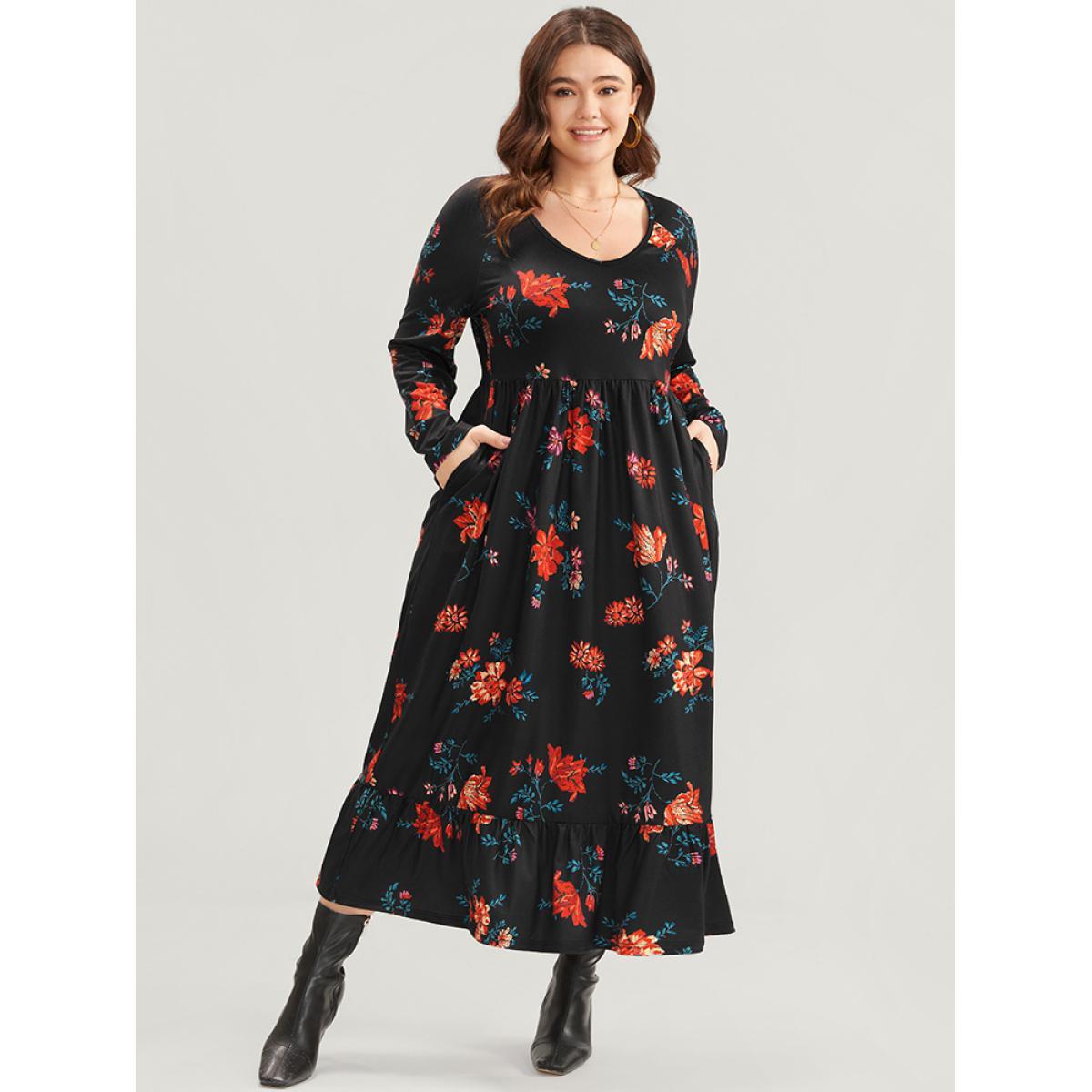 Plus Size Floral Print V Neck Pocket Flutter Hem Dress Without Belt Multicolor Women Elegant Pocket V-neck Long Sleeve Curvy Midi Dress BloomChic 30/6X Product Image