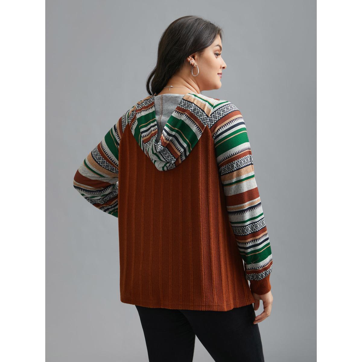Plus Size Striped Spliced Pocket Hooded T-Shirt Rust Women Casual Texture Hooded Everyday T-shirts BloomChic 12/L Product Image