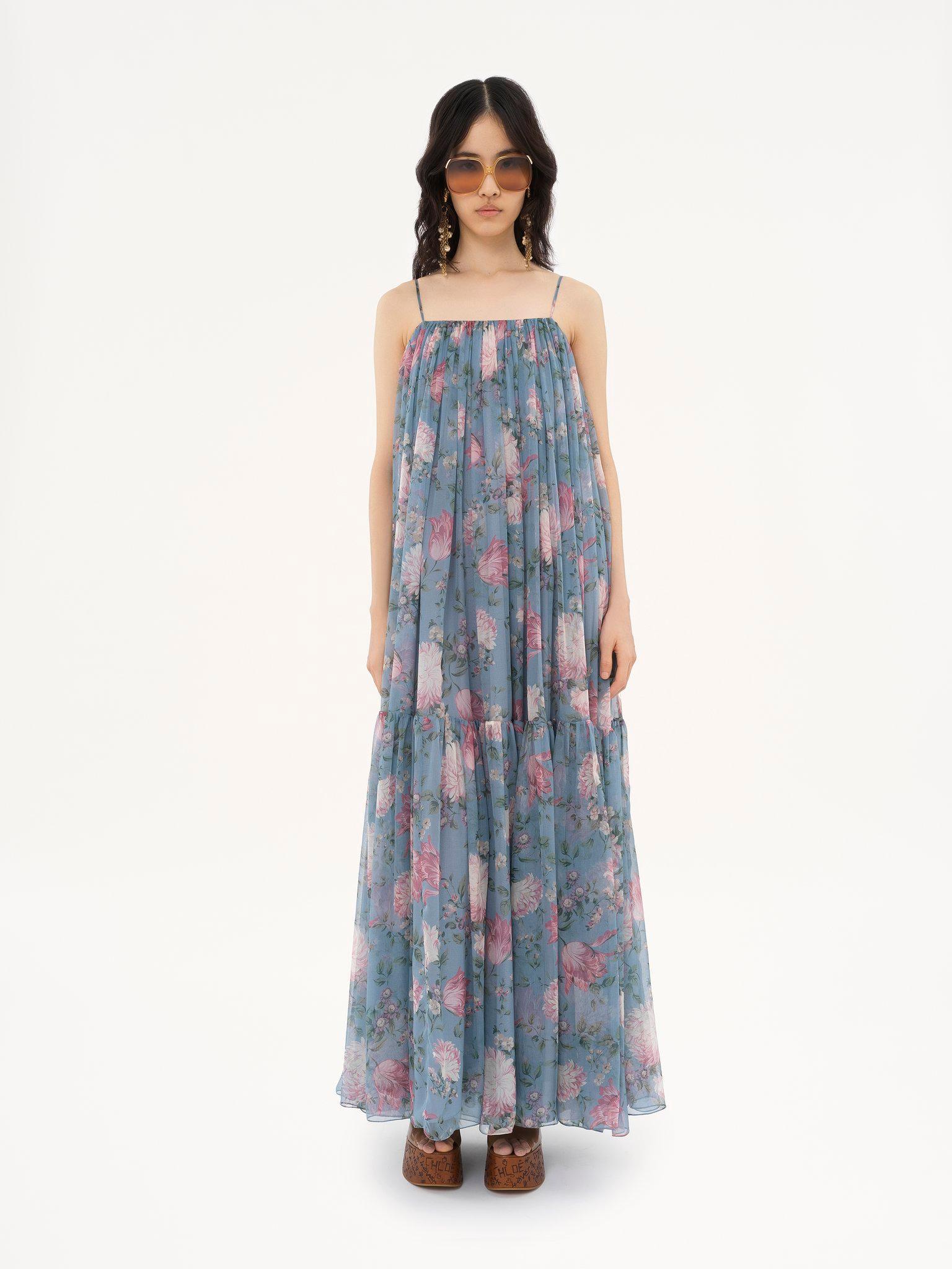 Sleeveless long dress in silk mousseline Product Image