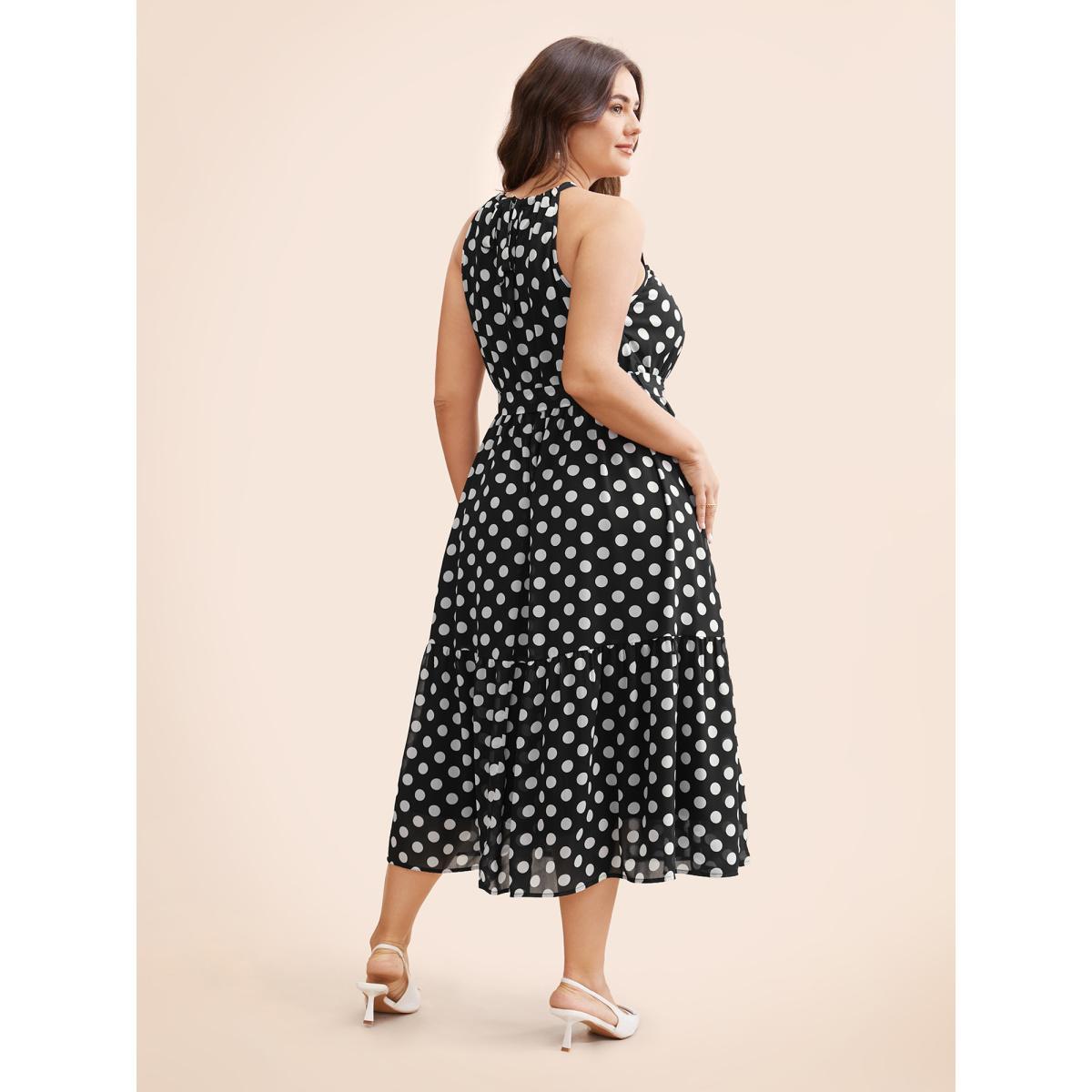 Plus Size Halter Polka Dot Ruffle Hem Belted Dress Black Women Elegant See through Halter neck Sleeveless Curvy BloomChic 30/6X Product Image