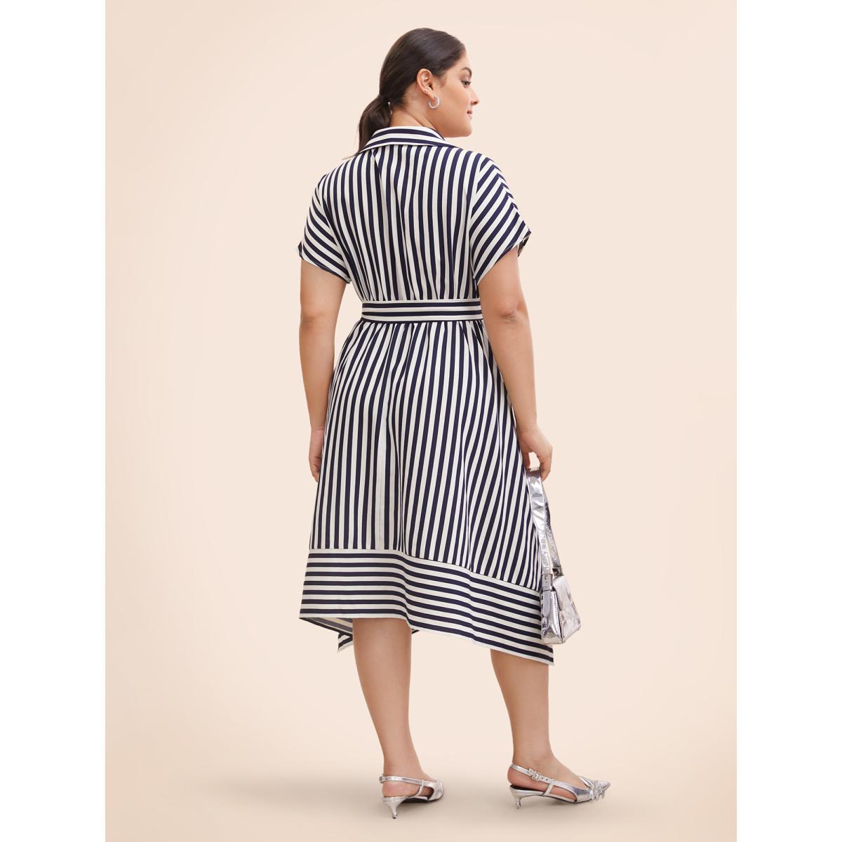 Plus Size Shirt Collar Striped Hanky Hem Dress Skyblue Women Workwear Essentials Belted Shirt collar Short sleeve Curvy BloomChic 26/4X Product Image