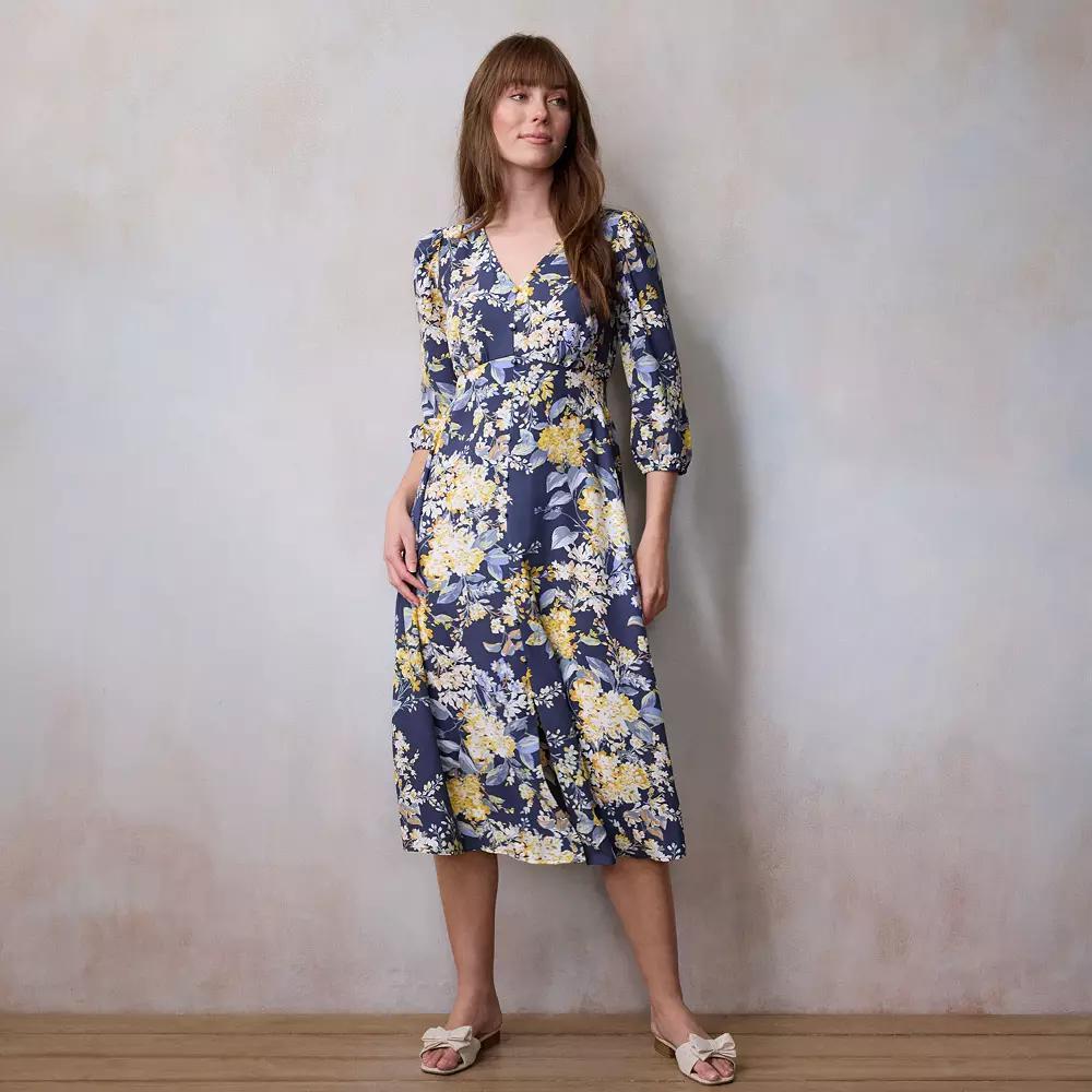 Women's LC Lauren Conrad V-Neck Button Front Midi Dress, Size: XS, Blue Florabelles Product Image