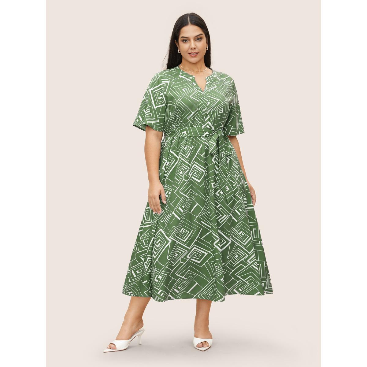 Plus Size Geometric Flat Collar With V Notch Ruffle Sleeve Belted Dress Mint Women At the Office Belted Flat collar with V-notch Short sleeve Curvy Midi Dress BloomChic 18-20/2X Product Image