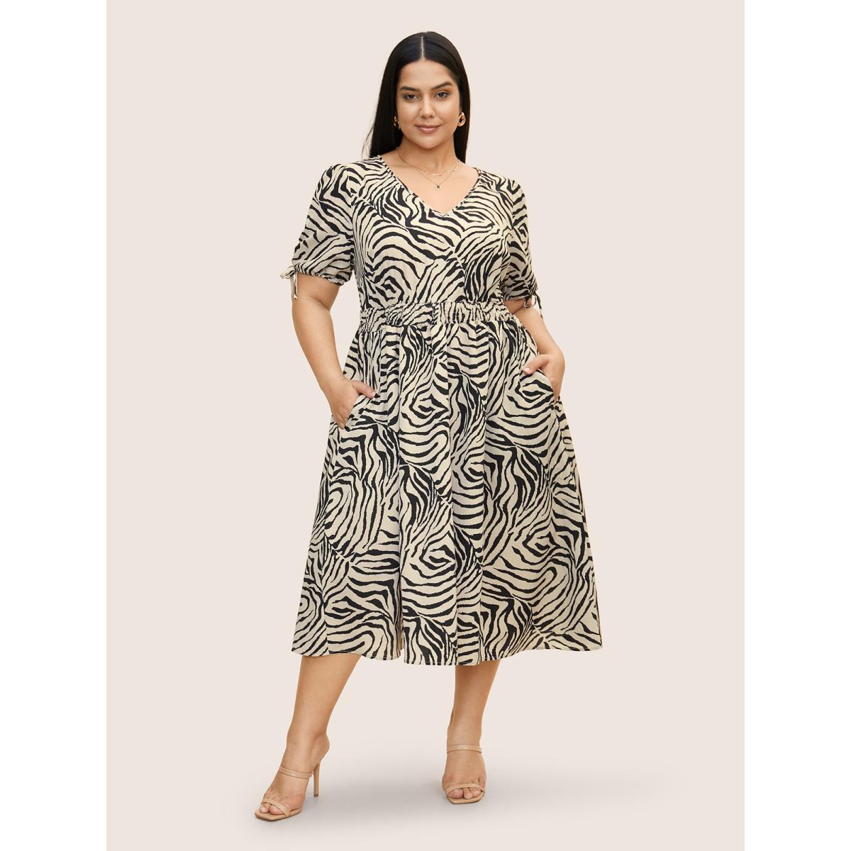 Plus Size Zebra Print Elastic Waist Drawstring Sleeve Dress Black Women At the Office V-neck Short sleeve Curvy BloomChic 26/4X Product Image