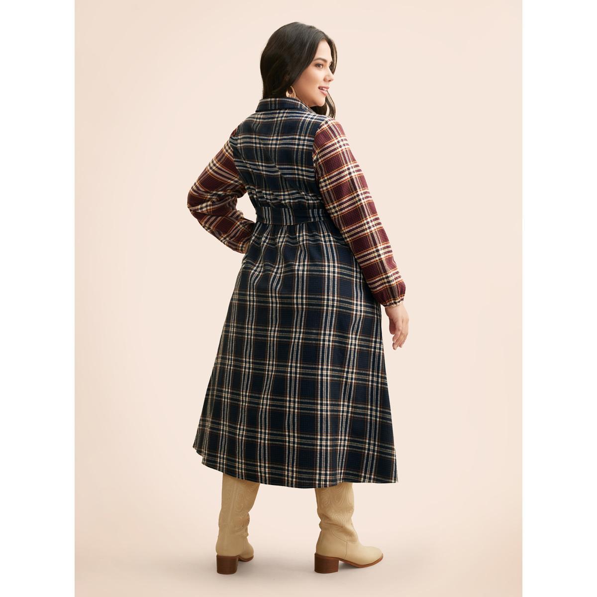 Plus Size Shirt Collar Plaid Contrast Belted Dress Multicolor Women Casual Belted Shirt collar Long Sleeve Curvy BloomChic 14-16/1X Product Image