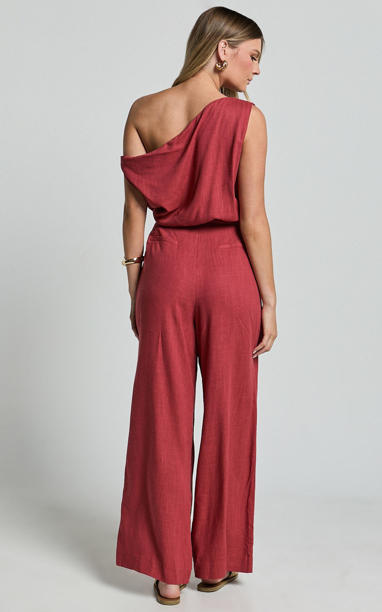Adria Jumpsuit - Asymmetrical Short Sleeve Linen Jumpsuit in Clay Product Image
