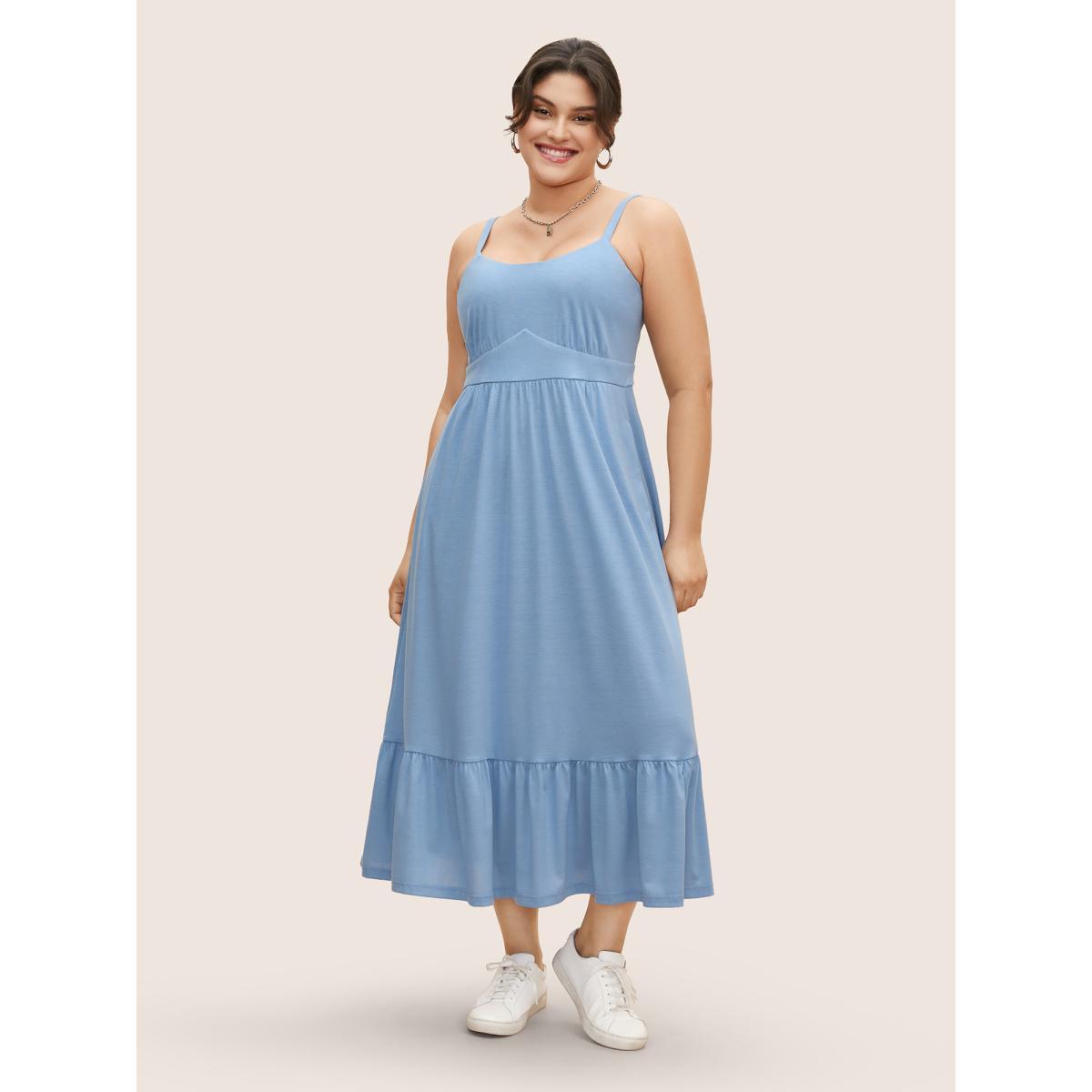 Plus Size U Neck Solid Patchwork Ruffle Hem Maxi Dress LightBlue Women Basics Gathered U-neck Sleeveless Curvy BloomChic 22-24/3X Product Image