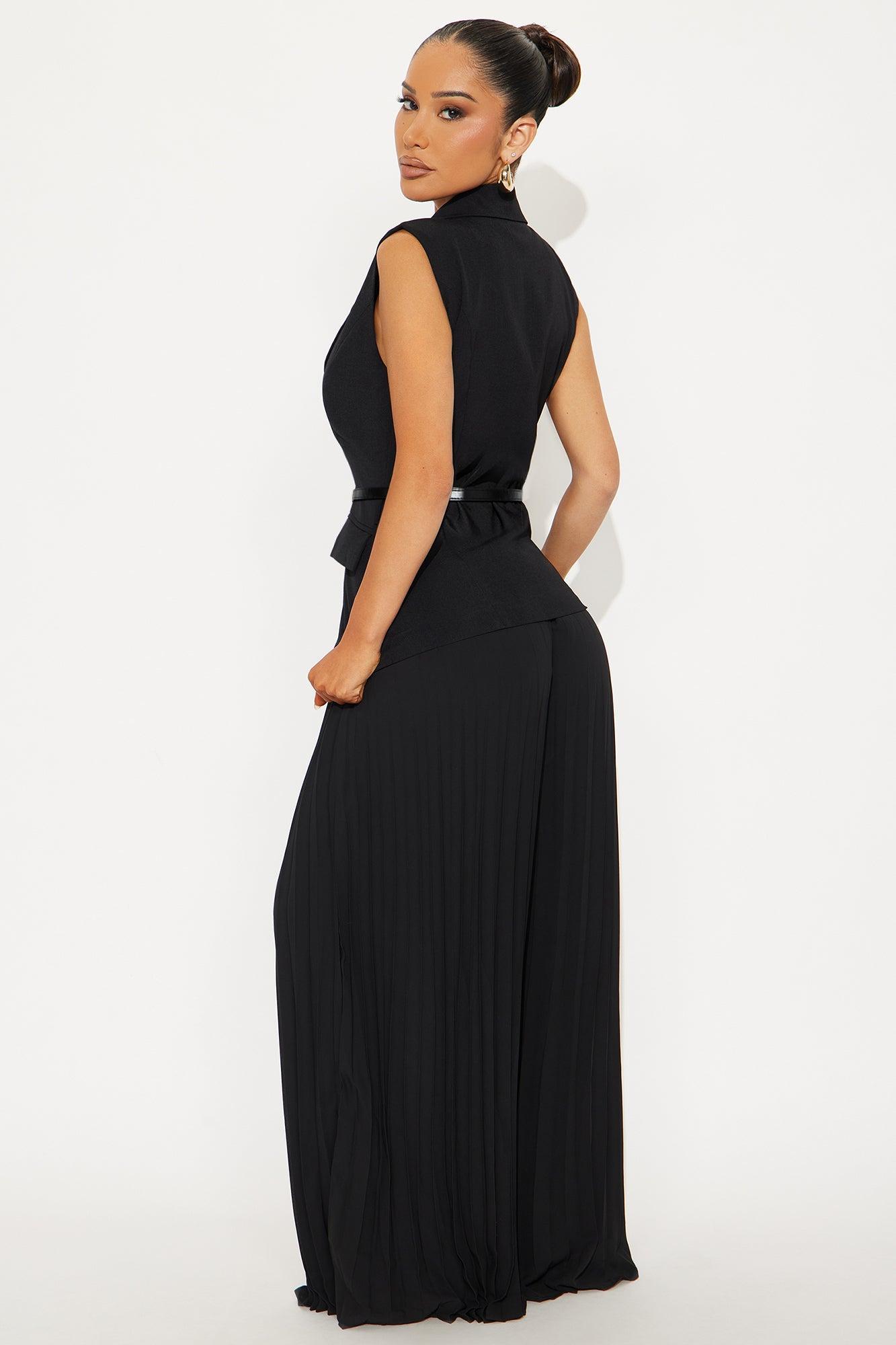 Veronica Belted Vest Pleated Pant Set - Black Product Image
