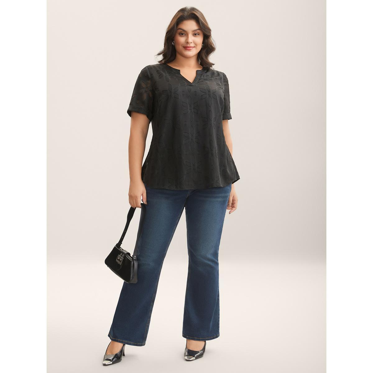 Plus Size Black Floral Cut Print Notched Neck Blouse Women Short sleeve Notched collar Work Blouses BloomChic 26/4X Product Image