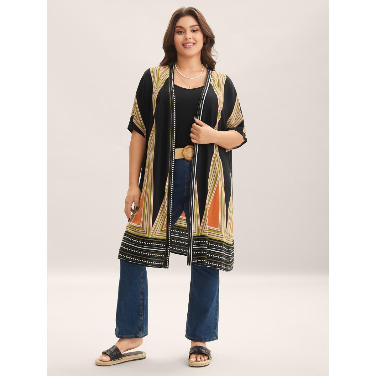 Plus Size Rayon Boho Print Front-Open Kimono Women Black Contrast Loose Vacation Kimonos BloomChic 28/5X Product Image