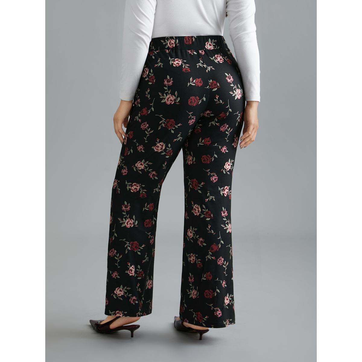 Plus Size Floral Mid-Rise Bootcut Pants Women BlackFlower Elegant High stretch Bootcut Mid Rise Everyday Leggings BloomChic 12/L Product Image