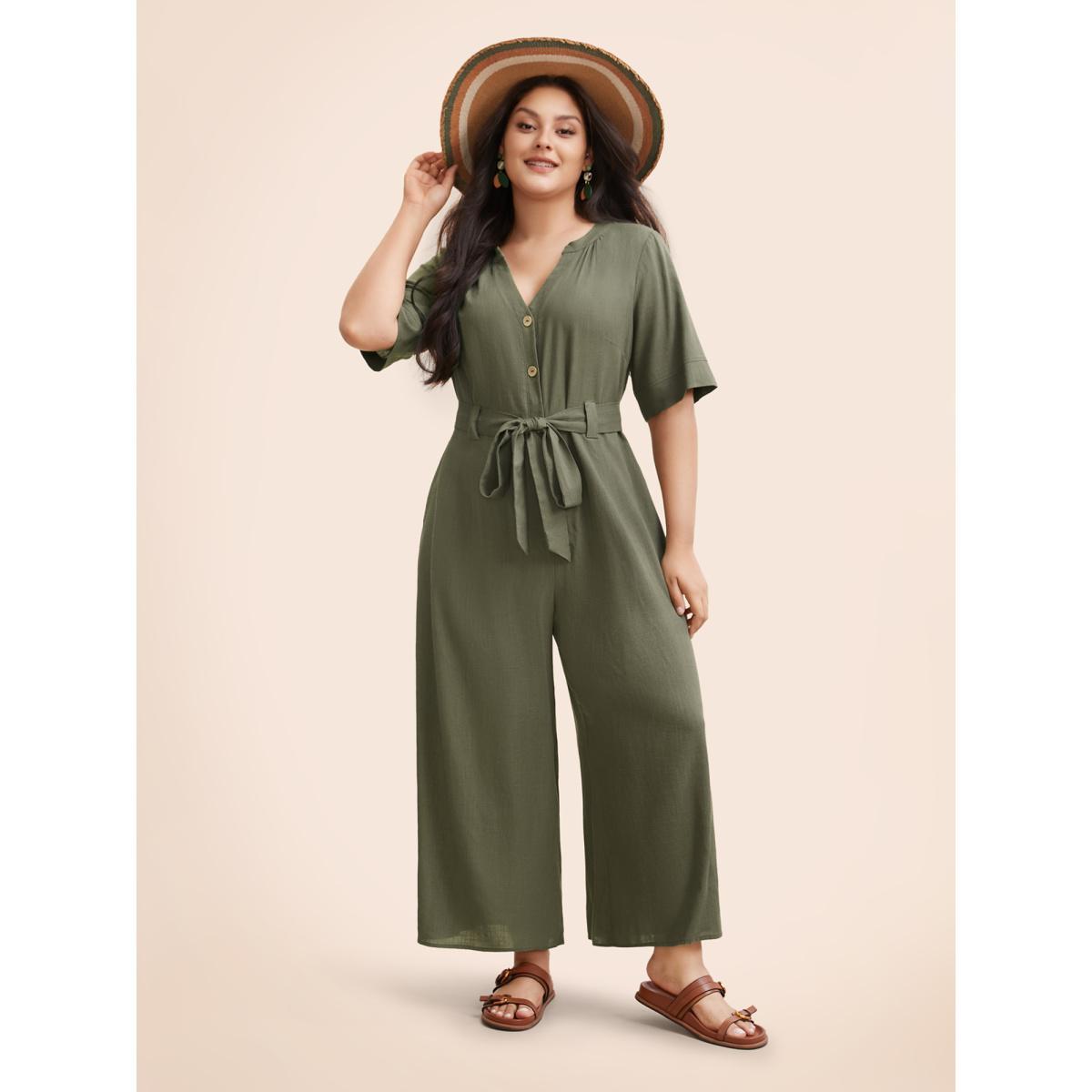 Plus Size Olive Cotton Linen Button Up Belted Jumpsuit Women Elegant Half Sleeve Flat collar with V-notch Everyday Loose Jumpsuits BloomChic 28/5X Product Image