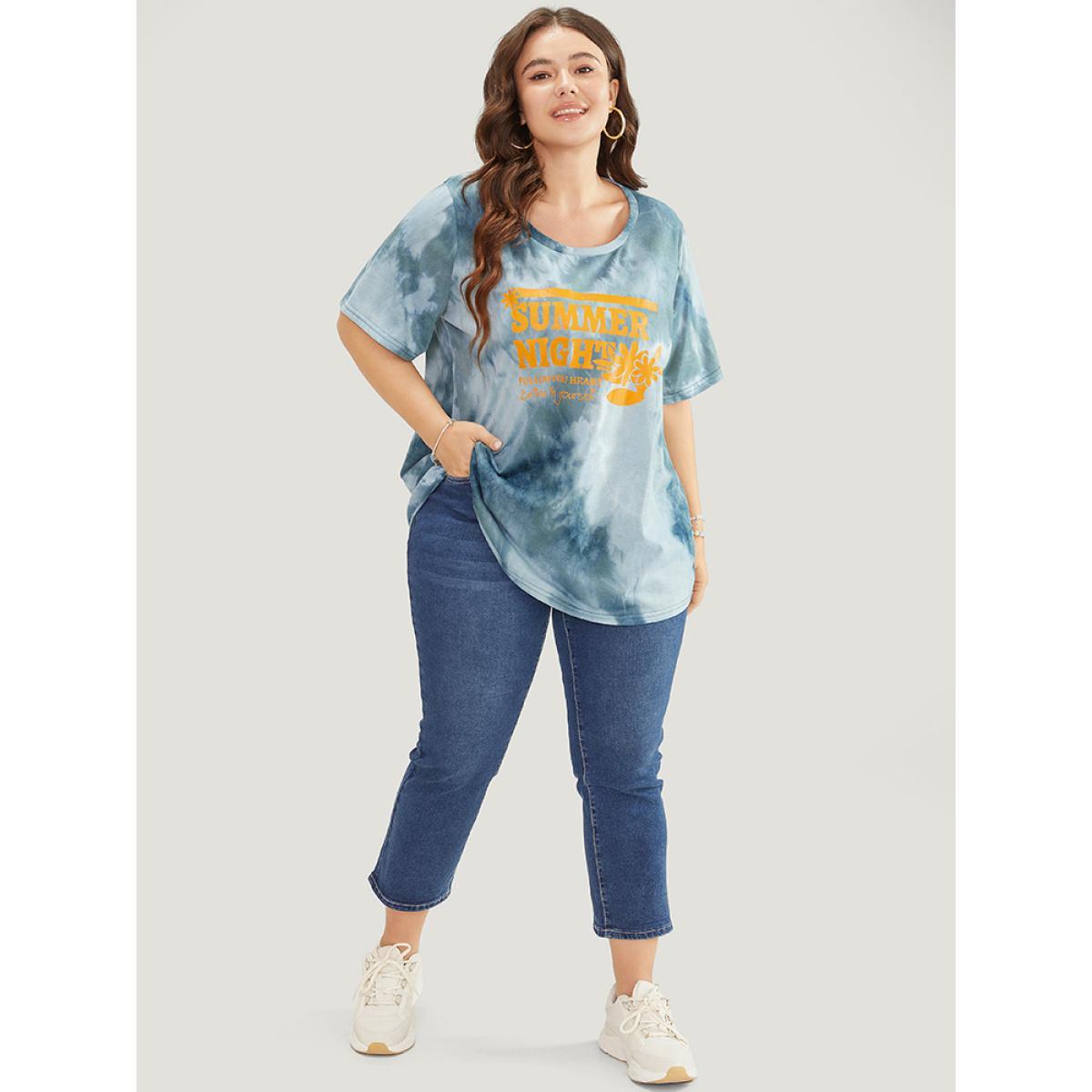 Plus Size Tie Dye Round Neck Letter Graphic T-shirt SlateGray Women Casual Printed Letter Dailywear T-shirts BloomChic 22-24/3X Product Image