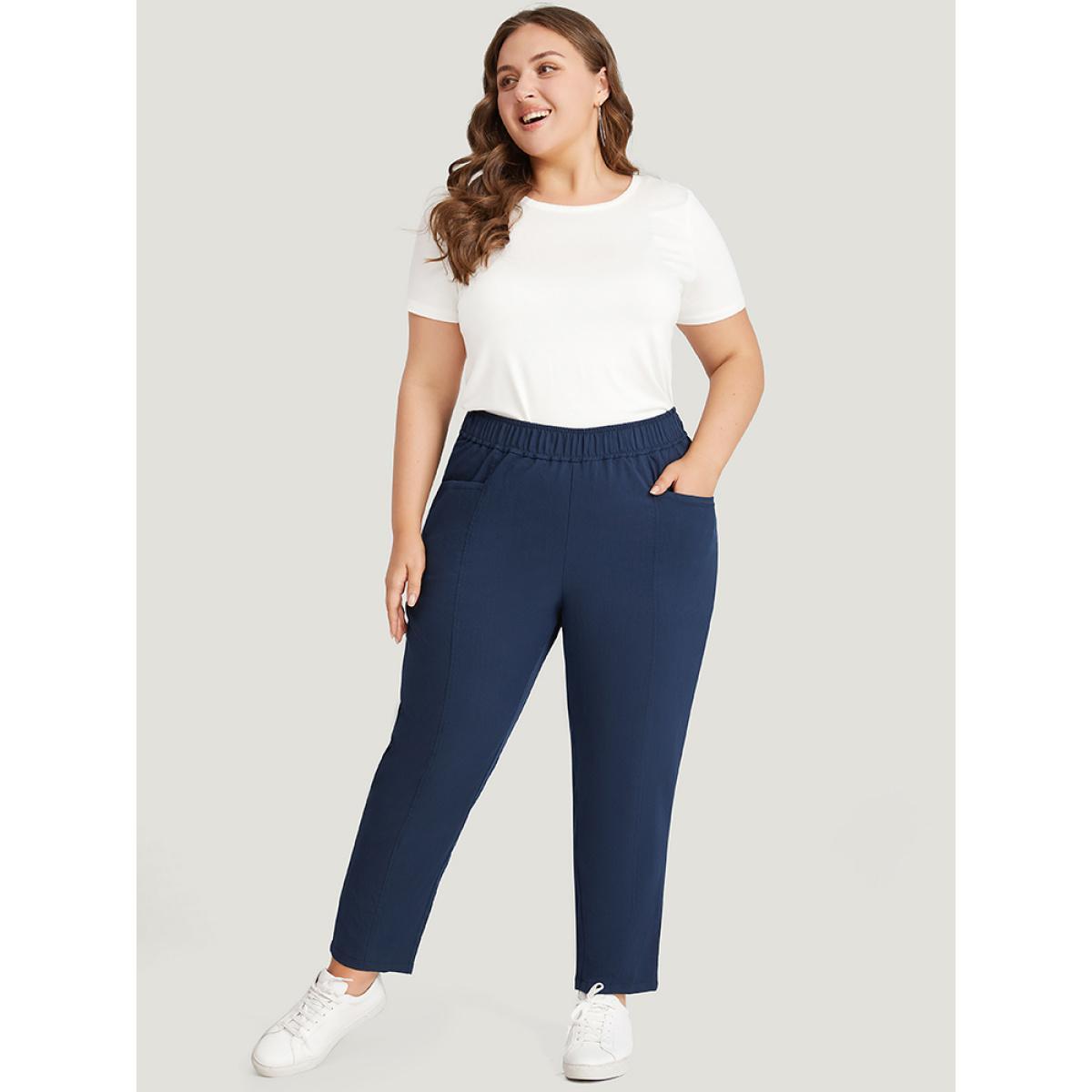 Plus Size Solid Elastic Waist Pocket High Rise Pants Women Indigo Casual High Rise Dailywear Pants BloomChic 22-24/3X Product Image