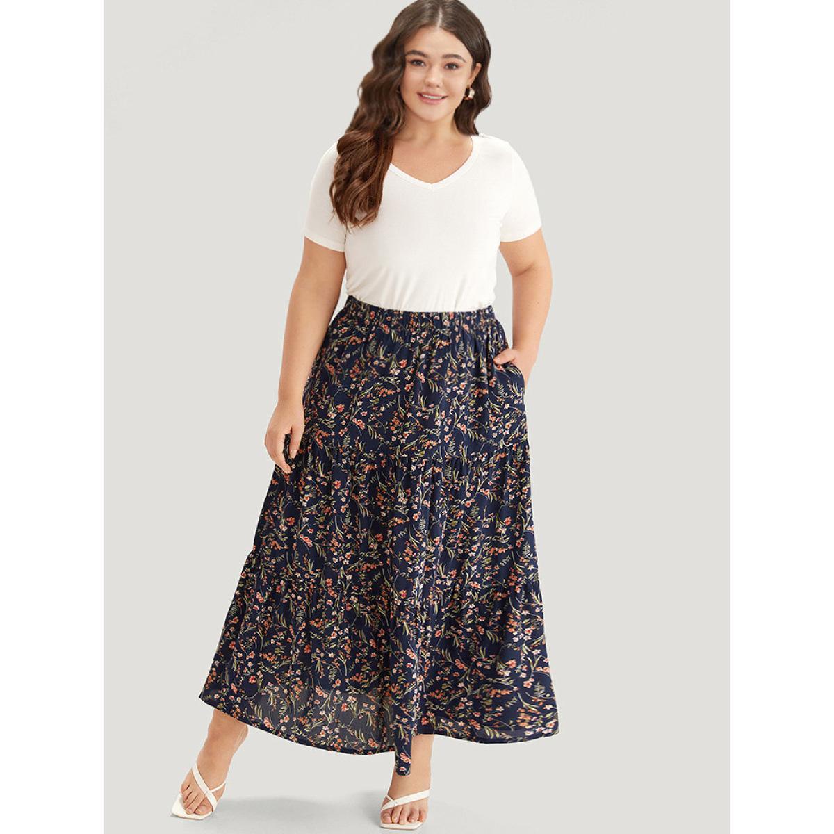 Plus Size Floral Print Ruffle Layered Hem Pocket Elastic Waist Skirt Women Indigo Elegant Elastic Waist No stretch Pocket Dailywear Skirts BloomChic 28/5X Product Image