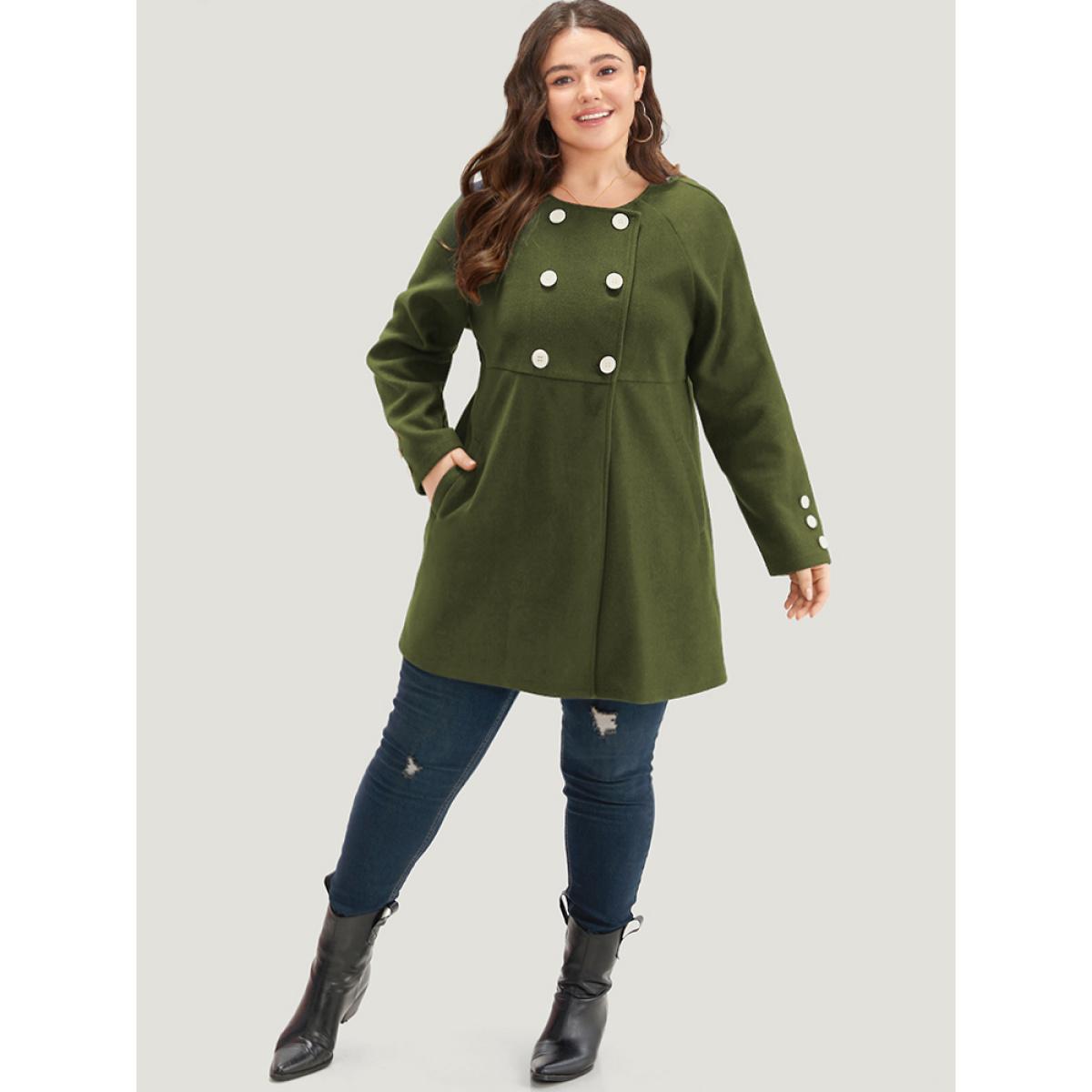 Plus Size Solid Button Detail pocket Coat Women ArmyGreen Casual Plain Ladies Everyday Winter Coats BloomChic 26/4X Product Image