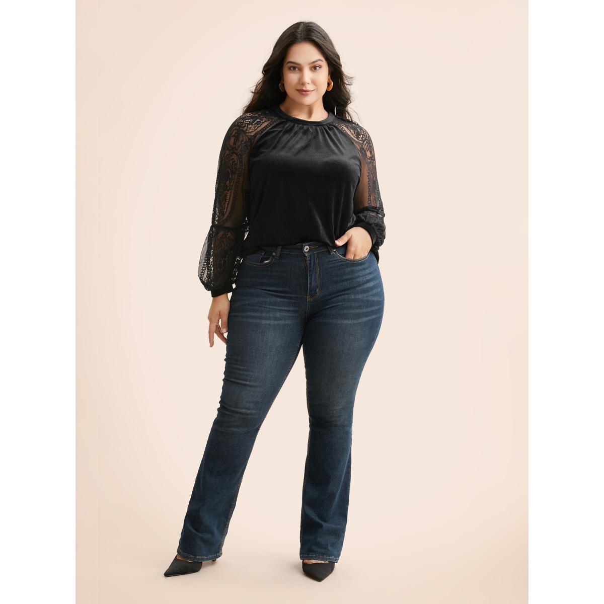 Plus Size Burgundy Lace Patchwork Velvet Raglan Sleeve Blouse Women Elegant Long Sleeve Stand-up collar Everyday Blouses BloomChic 30/6X Product Image