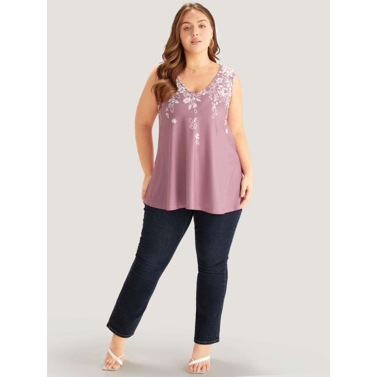 Plus Size Silhouette Floral Print V Neck Tank Top Women Pink Elegant Printed V-neck Dailywear Tank Tops Camis BloomChic 12/L Product Image