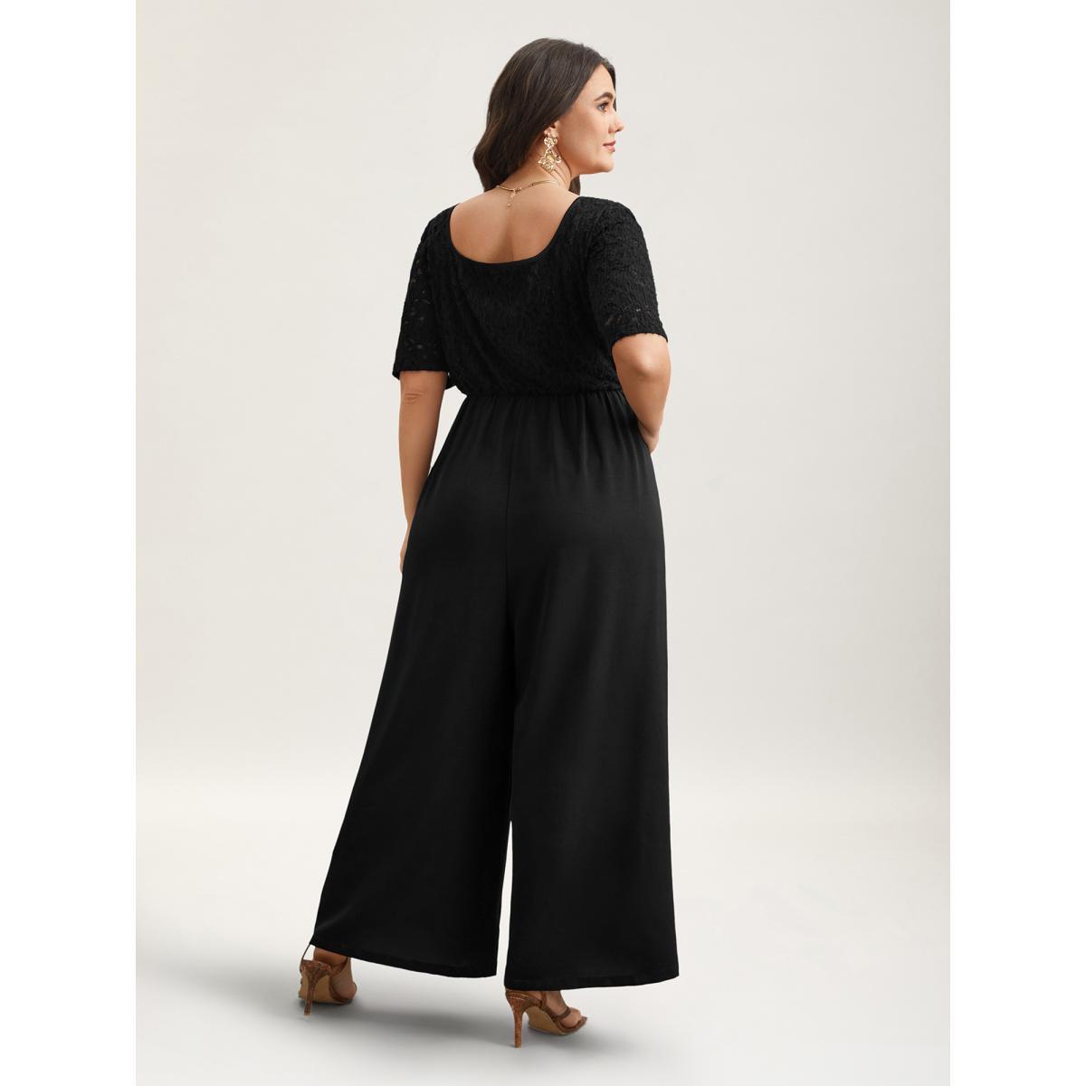 Plus Size Black Textured Lace Spliced Square Neck Jumpsuit Women Elegant Short sleeve Square Neck Everyday-Elegant Loose Jumpsuits BloomChic 12/L Product Image