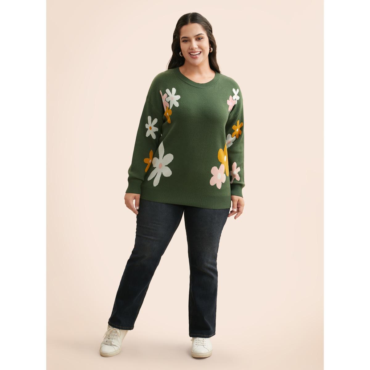 Plus Size Supersoft Essentials Floral Crew Neck Pullover Greenbean Women Casual Long Sleeve Round Neck Everyday Pullovers BloomChic 30/6X Product Image